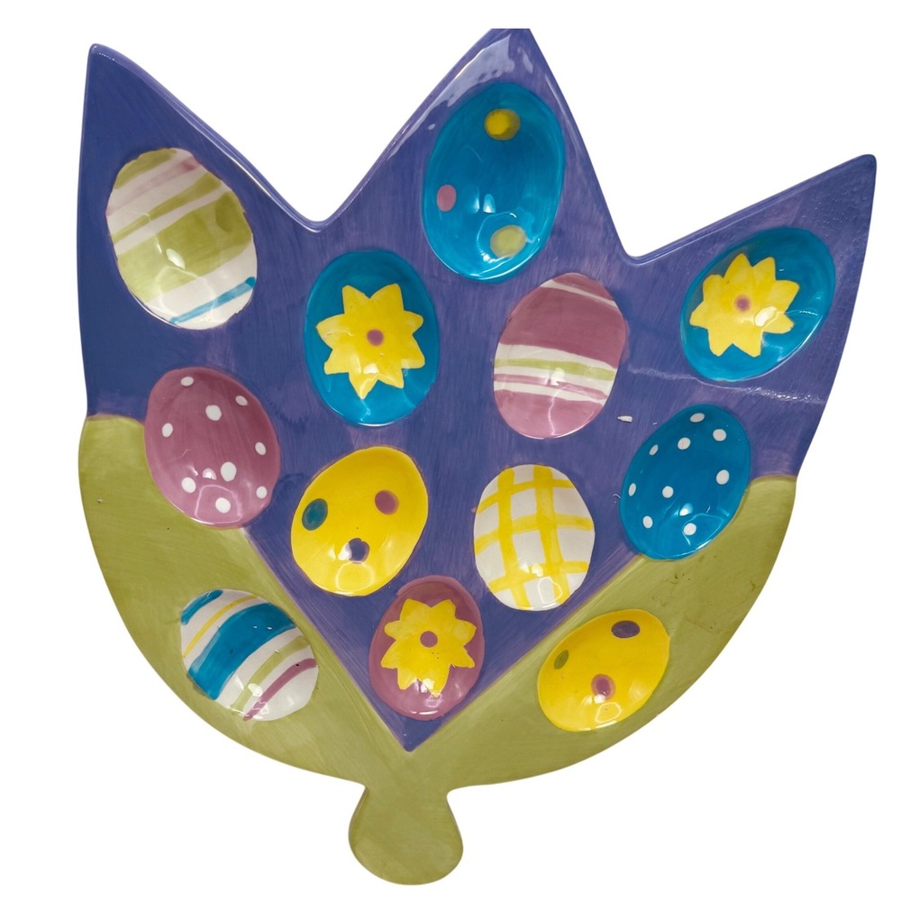 Boston Warehouse Tulip Ceramic Easter Egg Tray 12 Slot Deviled Egg PlatterPurple